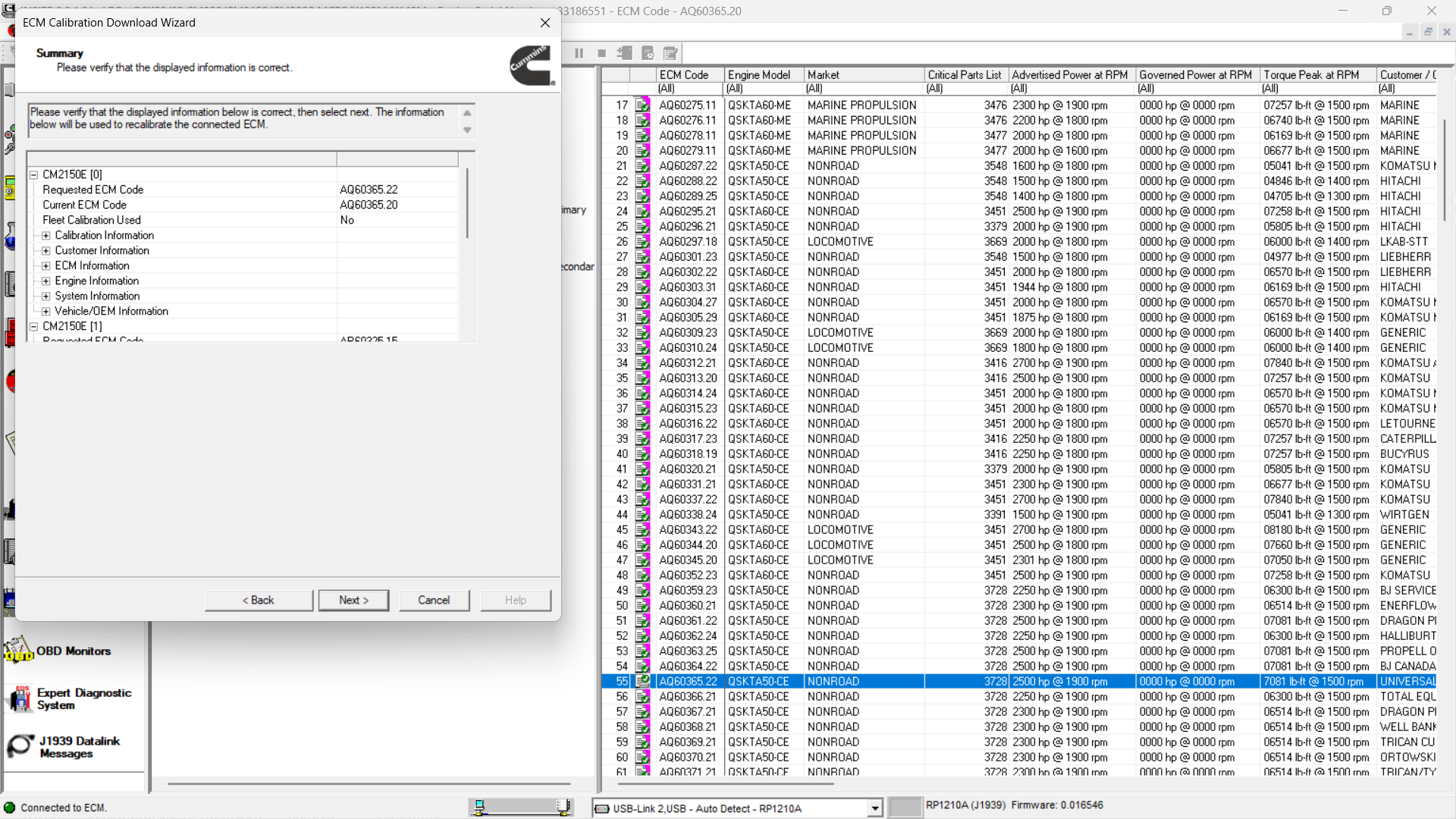 Cummins INSITE calibration summary for multiple ECM download