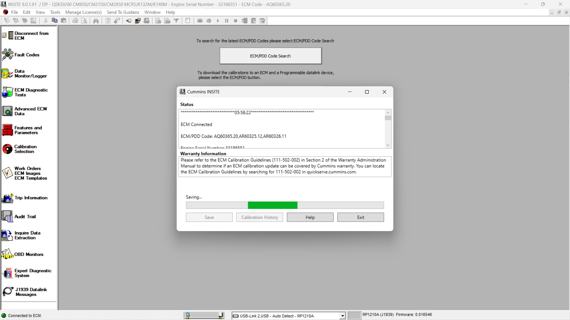 Cummins INSITE ECM PDD Code Search window for checking latest ECM code