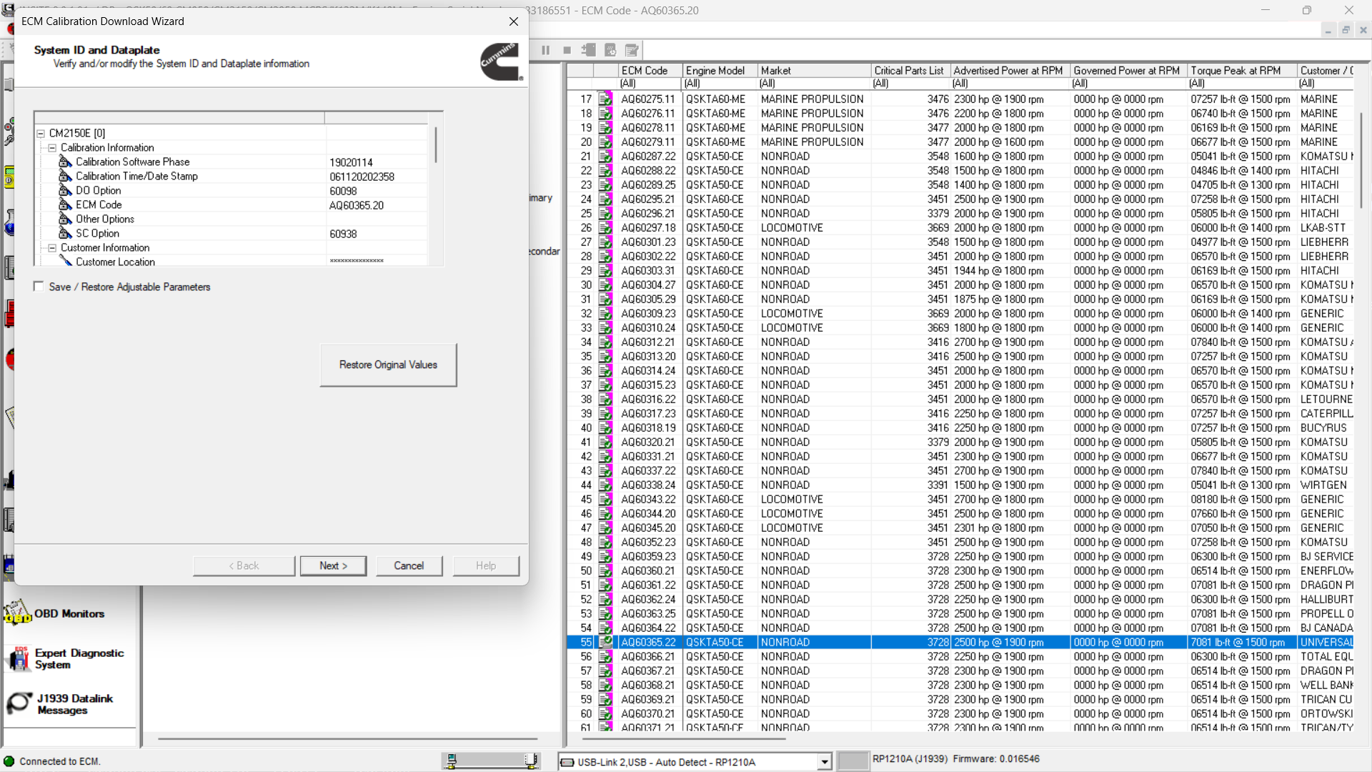 Primary ECM System ID and Dataplate information in Cummins INSITE