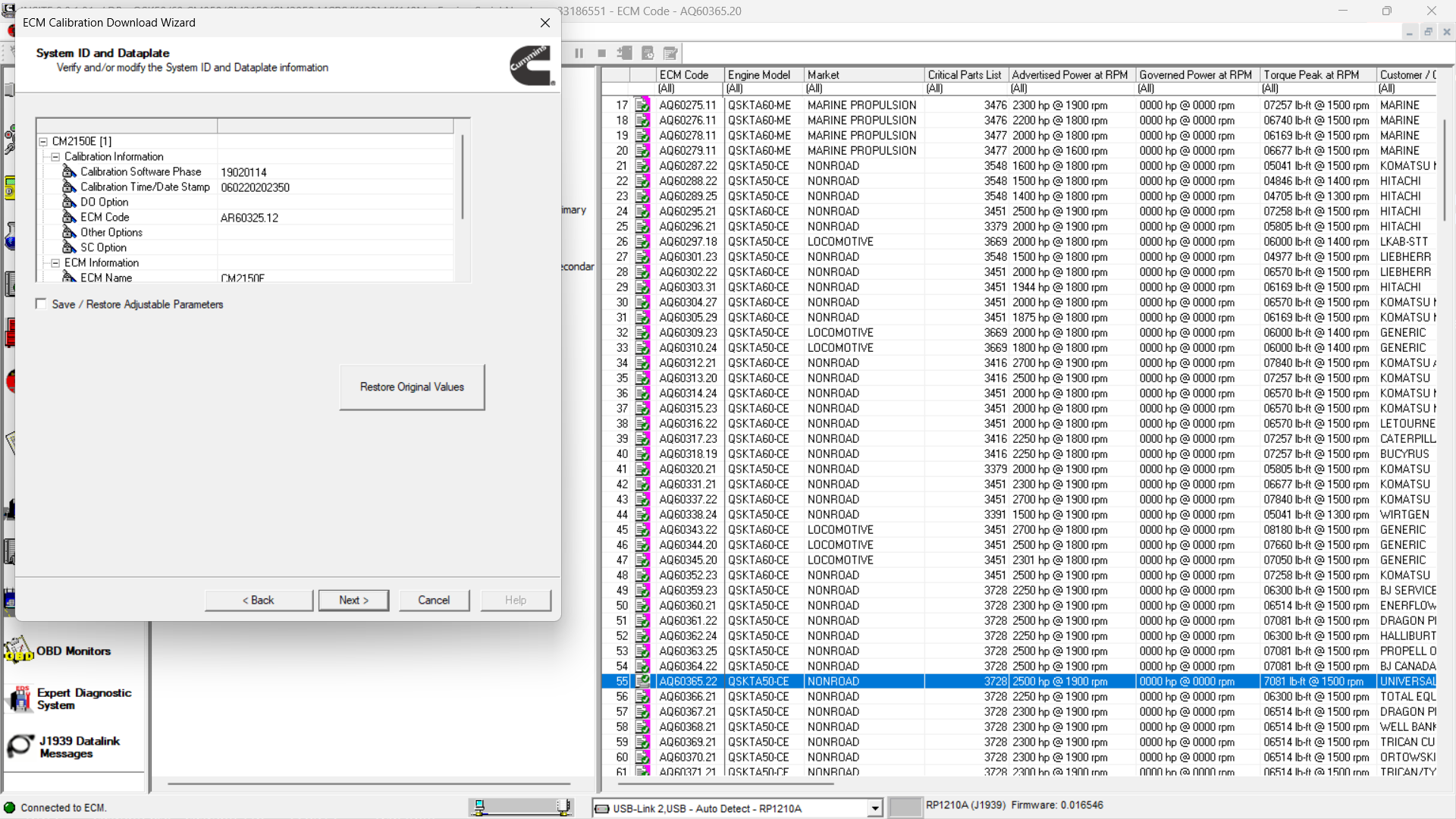 Select Secondary ECM 1 calibration code in Cummins INSITE
