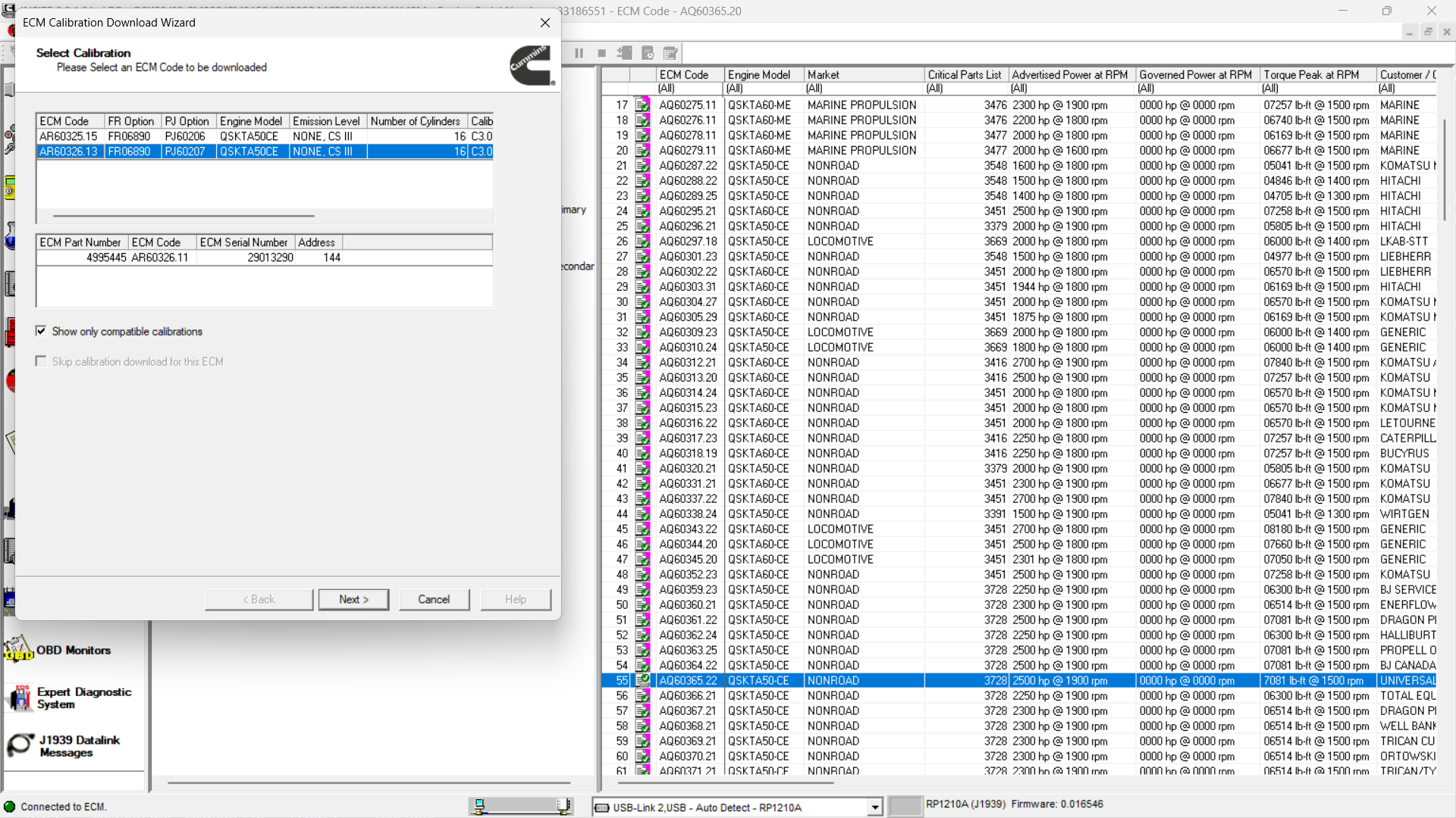 Select Secondary ECM 2 calibration code in Cummins INSITE