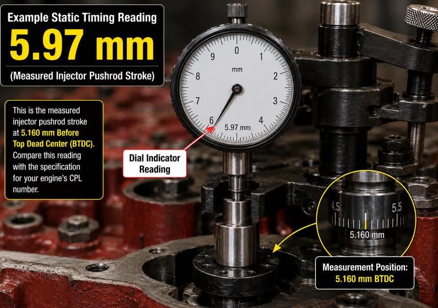 Dial indicator showing a 5.97 mm static injection timing reading on a Cummins M11 engine