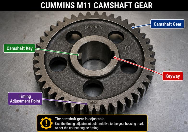 Cummins M11 camshaft gear and timing key used to adjust static injection timing