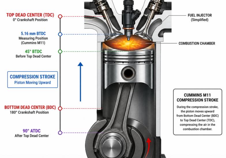 Cummins M11 piston position diagram showing 5.16 mm before top dead center for static injection timing inspection
