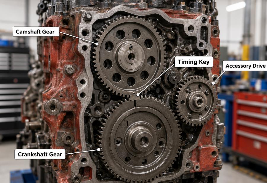 Cummins M11 engine gear train showing camshaft gear, crankshaft gear, accessory drive, and timing key
