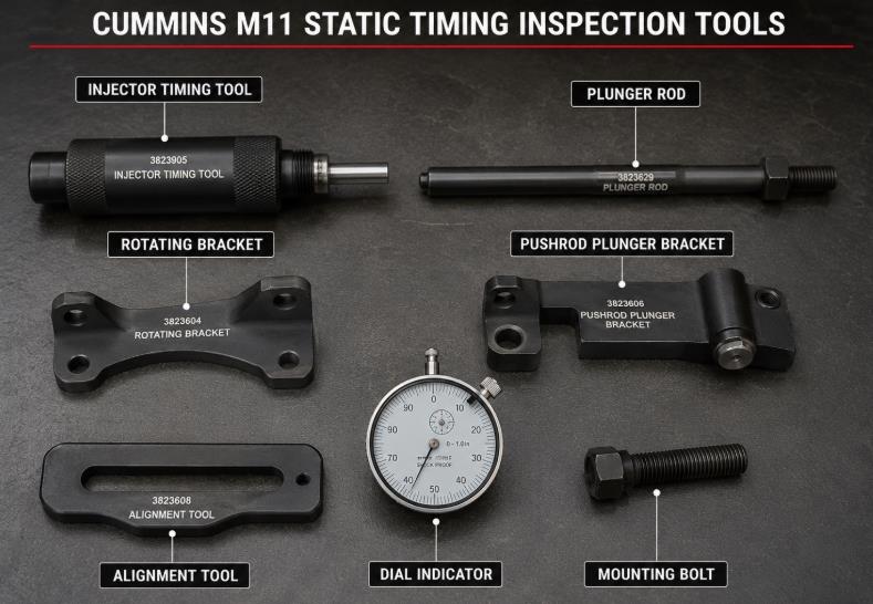 Cummins M11 injector timing tool 3823451 with dial indicator, plunger rod, bracket, and alignment tool
