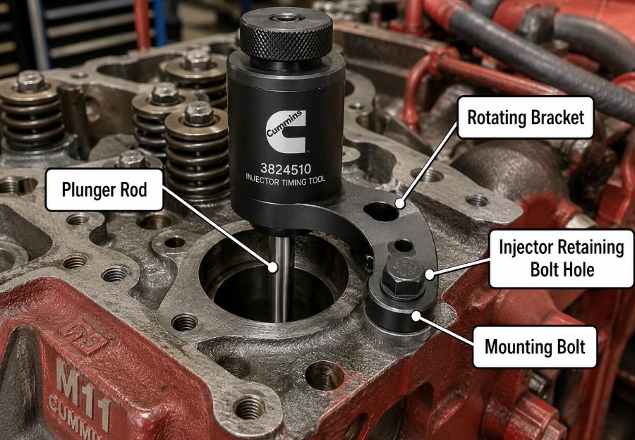 Installing Cummins injector timing tool 3823451 into the No. 1 cylinder injector bore