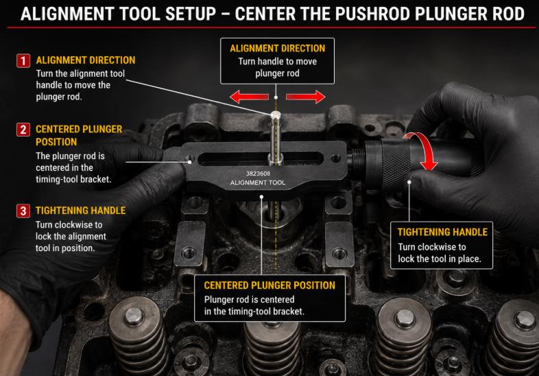 Centering the injector pushrod plunger rod with an alignment tool on a Cummins M11 engine