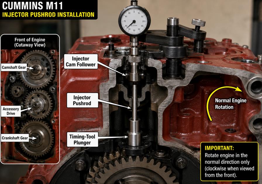 Cummins M11 injector pushrod installed between the cam follower and timing-tool plunger