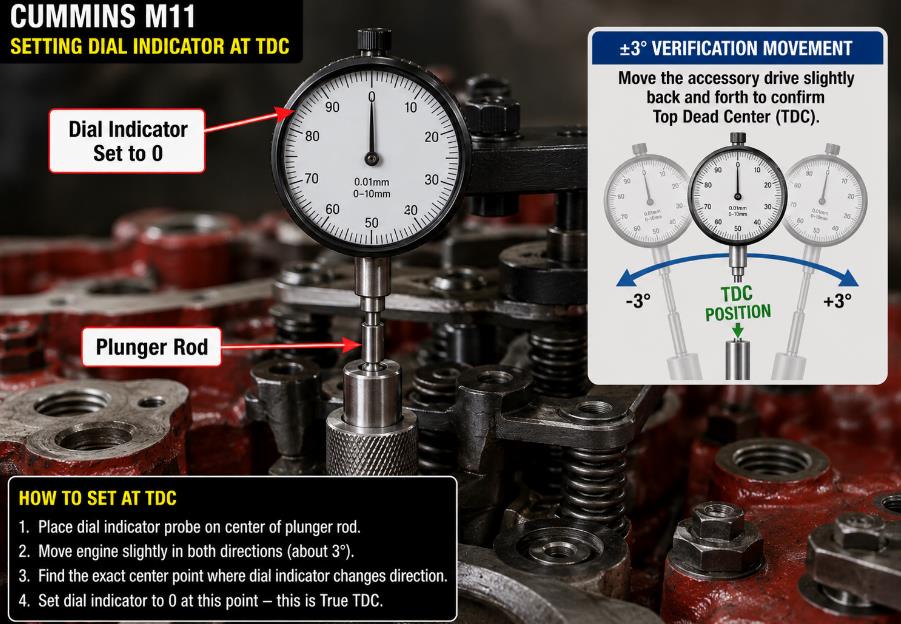 Dial indicator set to zero at top dead center during Cummins M11 static timing inspection