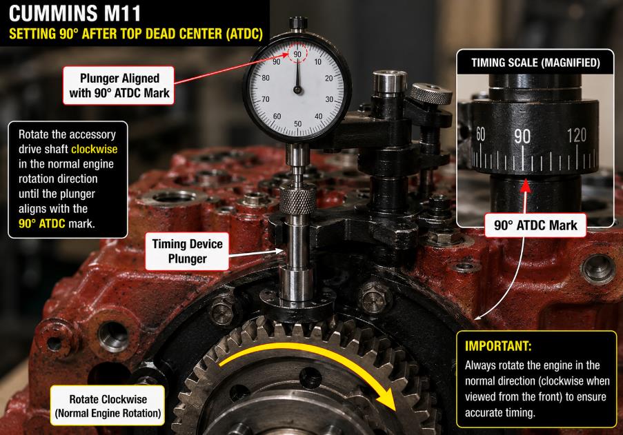 Cummins M11 timing device aligned at 90 degrees after top dead center