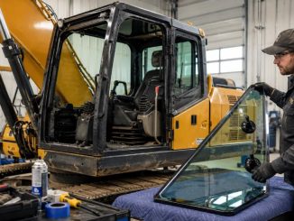 JCB excavator cab glass replacement in a construction equipment repair workshop