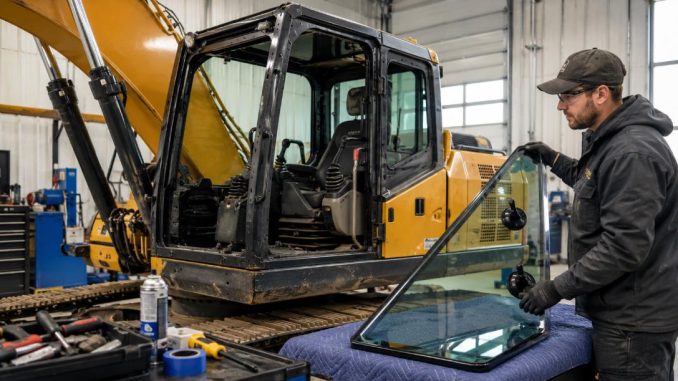 JCB excavator cab glass replacement in a construction equipment repair workshop