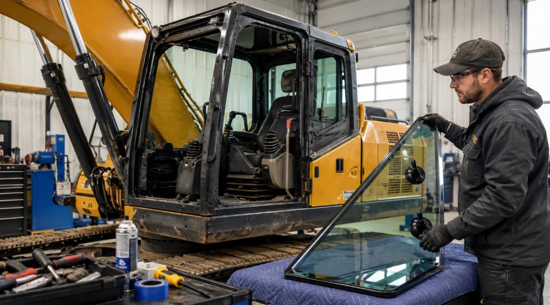 JCB excavator cab glass replacement in a construction equipment repair workshop