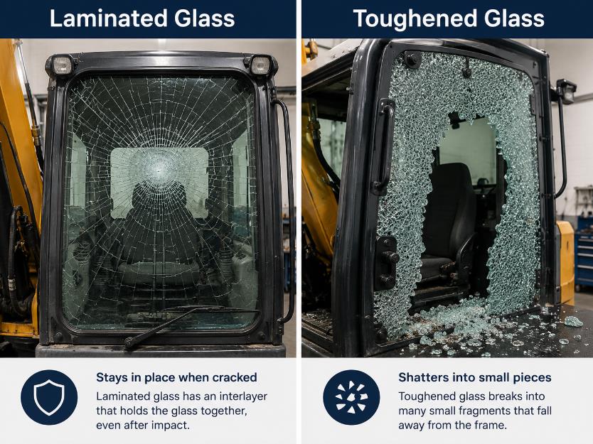 Comparison of laminated glass and toughened glass used on JCB excavator cab windows