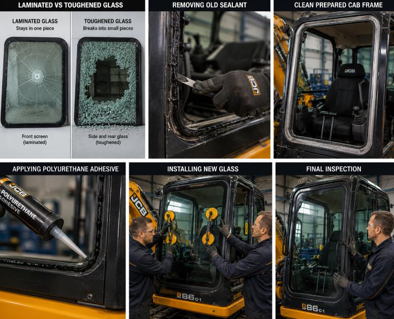 Final inspection of newly installed JCB excavator cab glass after adhesive curing