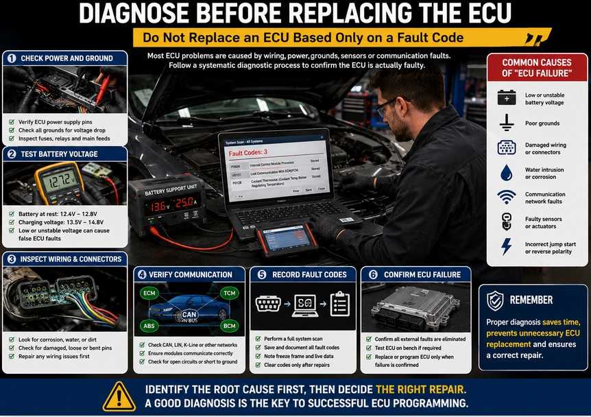 Technician checking ECU power, ground, wiring, battery voltage, and diagnostic fault codes before replacement