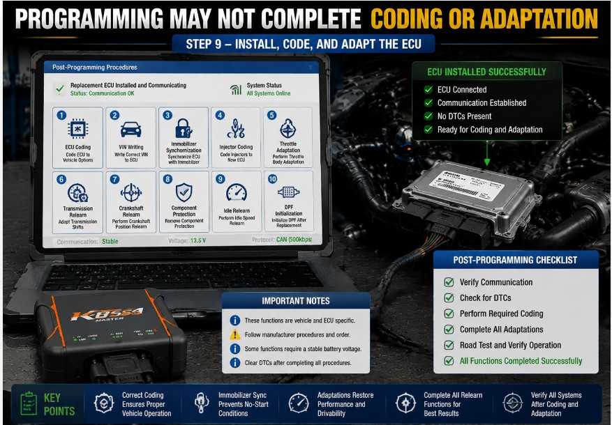Post-programming ECU coding, immobilizer synchronization, injector coding, and relearn functions