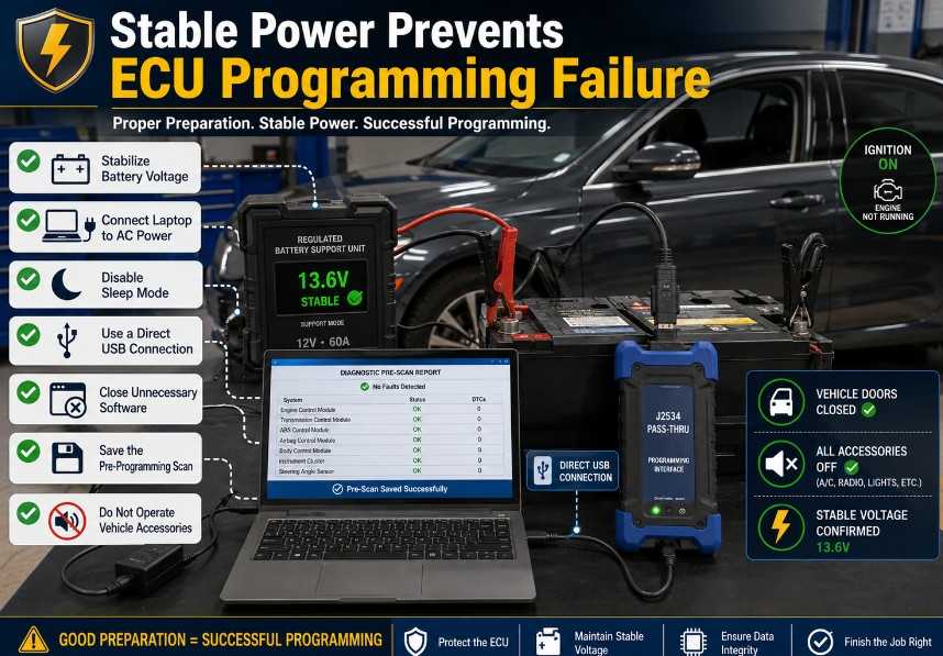 ECU programming preparation with regulated battery support, laptop power, and stable USB connection