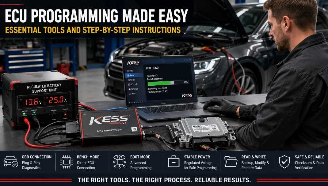 Technician programming an automotive ECU with a laptop, ECU programmer, and regulated battery support unit