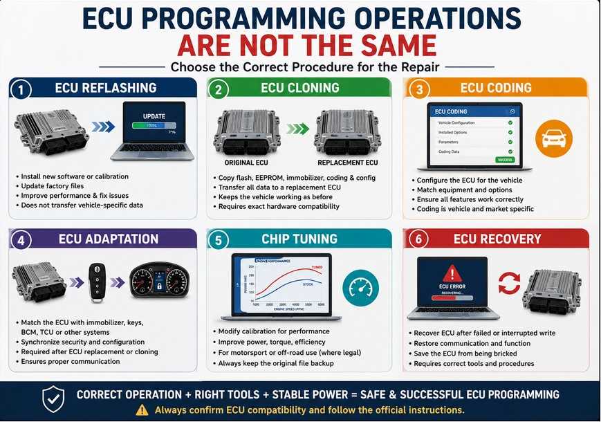 Comparison of ECU reflashing, cloning, coding, adaptation, chip tuning, and recovery