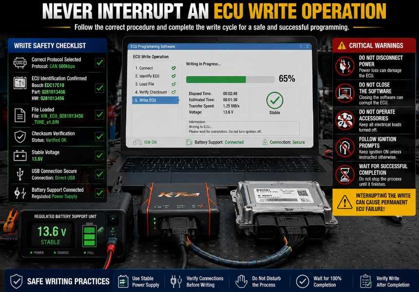 ECU programmer writing data with stable voltage, checksum verification, and secured connections