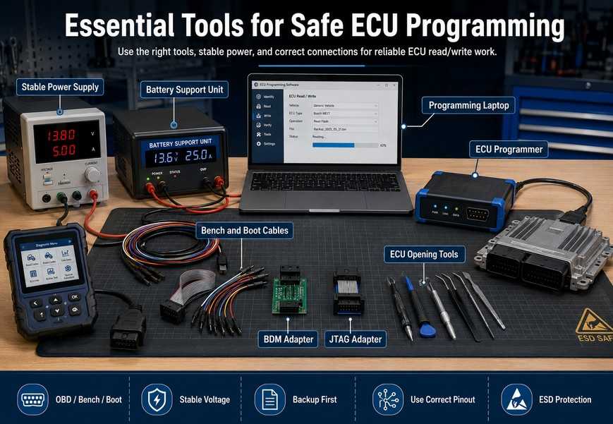 Essential ECU programming tools including programmer, laptop, bench power supply, battery support unit, and adapters