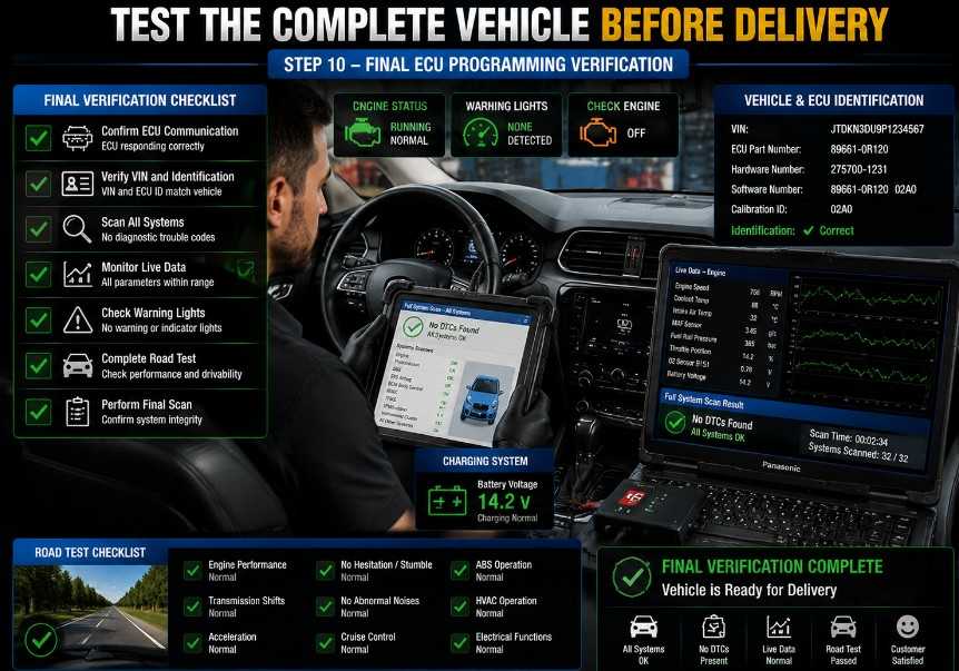 Technician performing final ECU communication, live-data, fault-code, and road-test verification