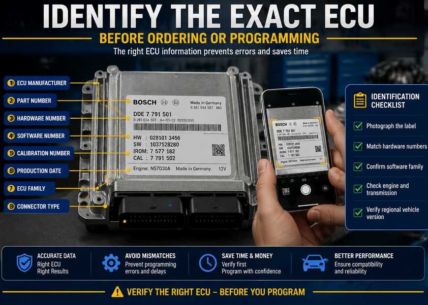 Automotive ECU label showing part number, hardware number, software number, and calibration information
