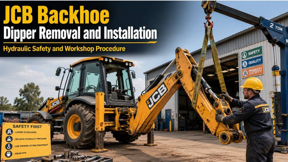 Technician removing a JCB backhoe dipper using a lifting sling and workshop hoist