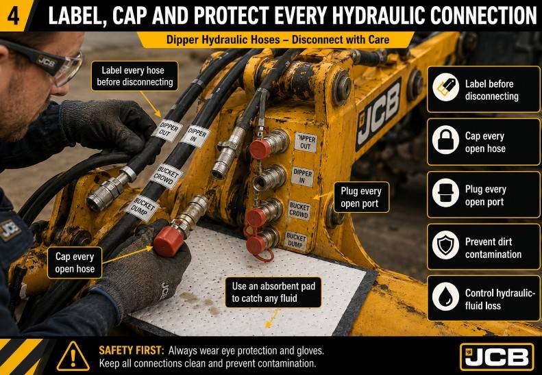 Labeling and capping JCB dipper hydraulic hoses before disconnection