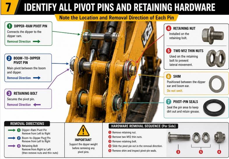 JCB dipper pivot-pin removal diagram showing bolts thin nuts shim and seals