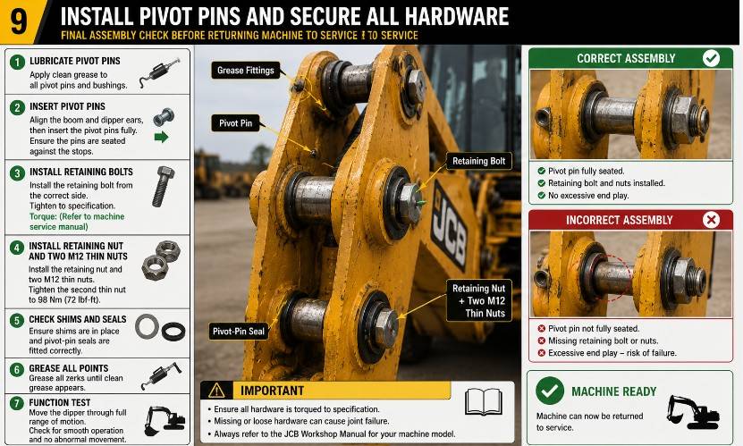 Installing the shim and pivot-pin seals during JCB dipper reassembly