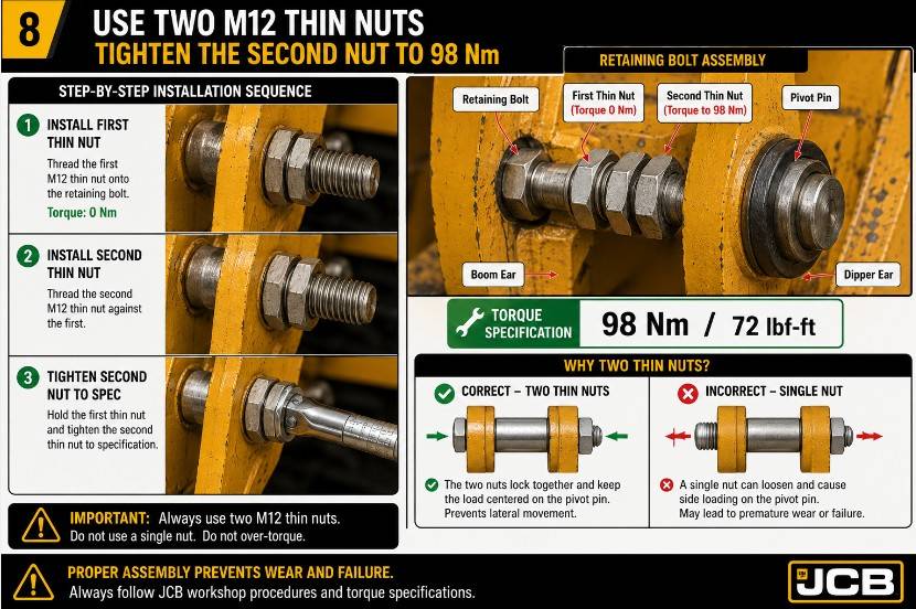 JCB boom-to-dipper pivot retaining bolt with two M12 thin nuts tightened to 98 Nm