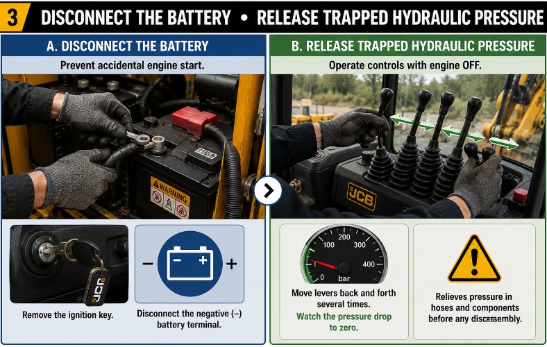 Disconnecting the JCB battery and operating backhoe controls to release hydraulic pressure