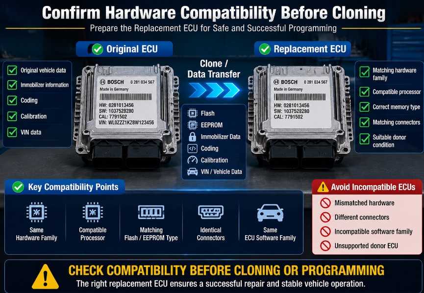 Comparison of original and replacement ECUs before cloning and programming
