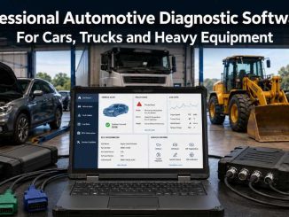 Professional automotive diagnostic software running on a laptop for cars trucks and heavy equipment