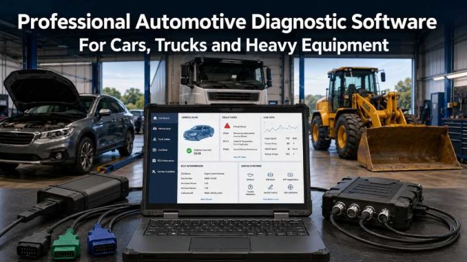 Professional automotive diagnostic software running on a laptop for cars trucks and heavy equipment