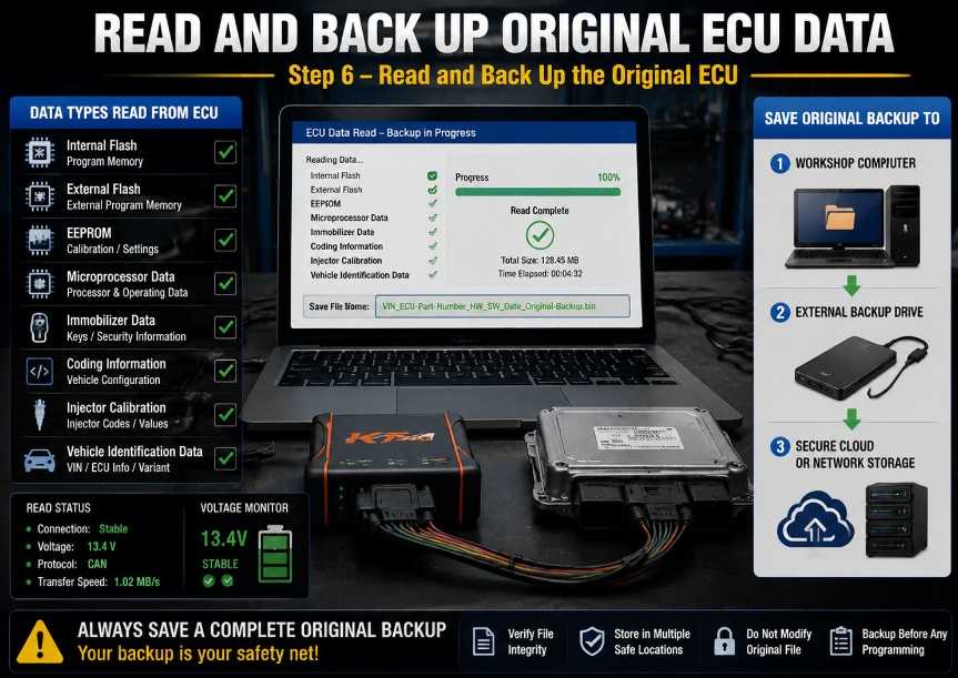 Reading and backing up ECU flash, EEPROM, immobilizer, coding, and vehicle identification data