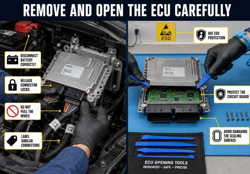 Technician safely removing and opening an automotive ECU using connector tools and ESD protection