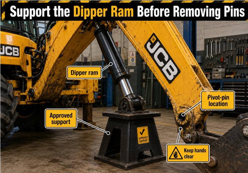 JCB dipper ram supported safely before removing the pivot pin