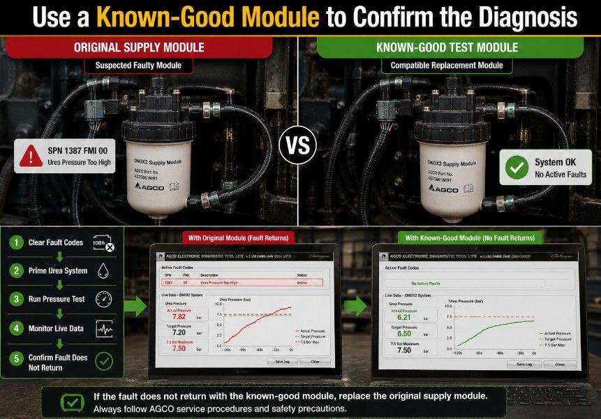 Testing an AGCO DNOX2 fault with a known-good urea supply module