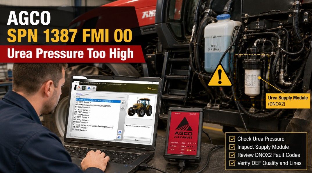 Technician diagnosing AGCO SPN 1387 FMI 00 urea pressure too high fault