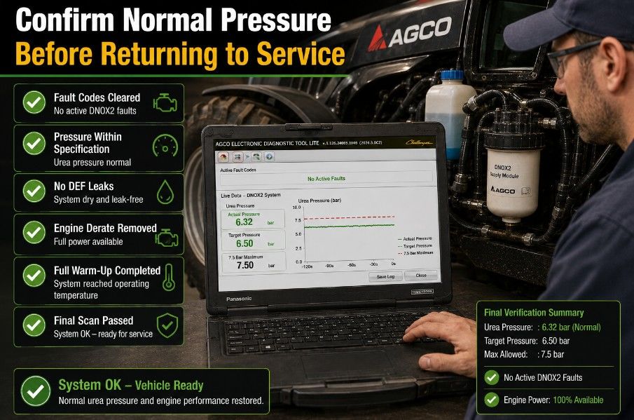 Final verification after repairing AGCO SPN 1387 FMI 00 urea pressure fault