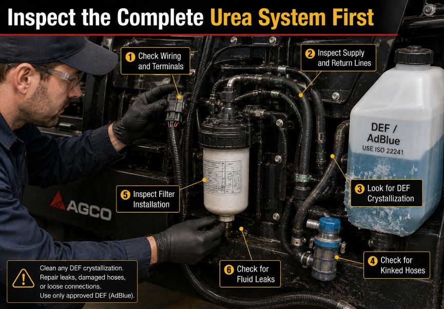 Inspecting AGCO urea supply module wiring hoses filter and DEF crystallization