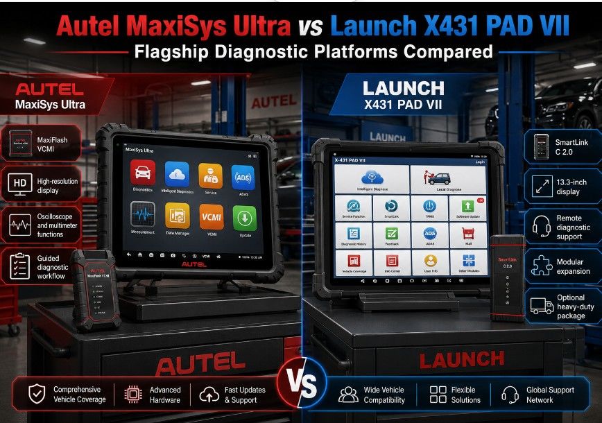 Autel MaxiSys Ultra compared with Launch X431 PAD VII flagship diagnostic scanner