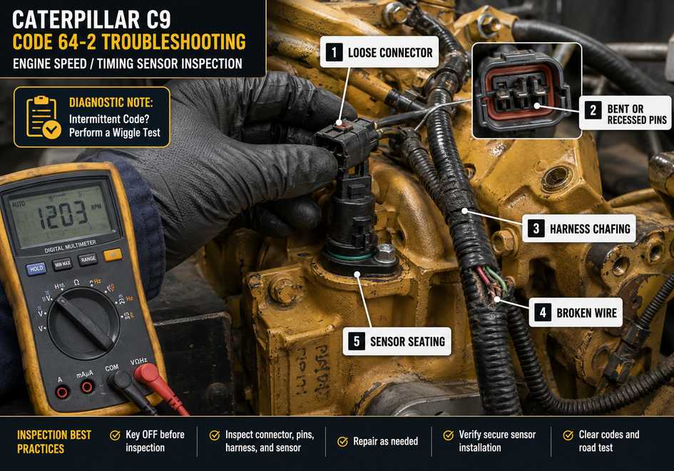Caterpillar C9 engine speed timing sensor connector and wiring harness inspection