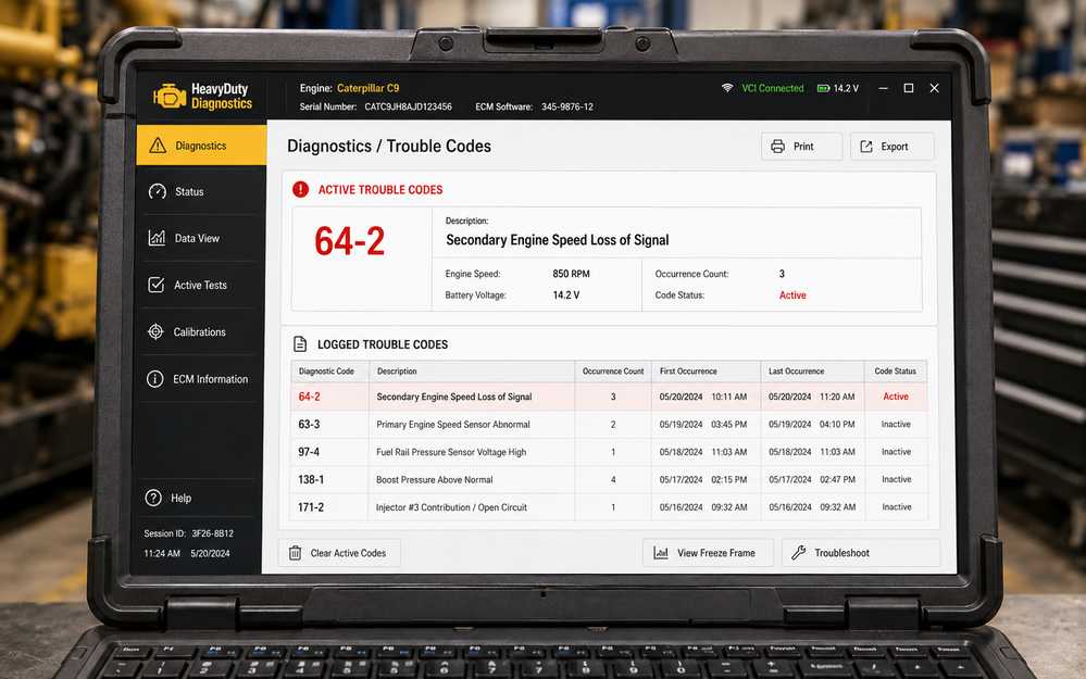 CAT ET diagnostic screen showing Caterpillar C9 code 64-2 secondary engine speed loss of signal