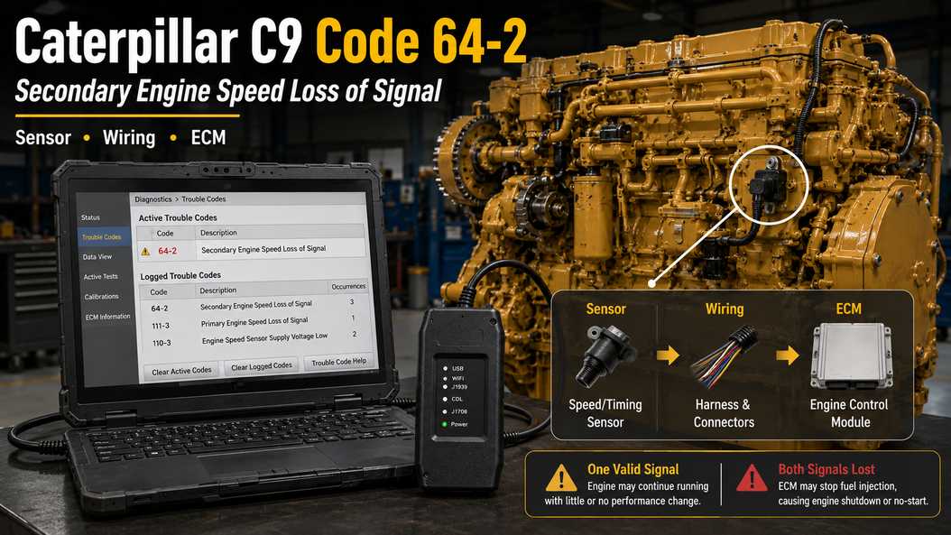Caterpillar C9 code 64-2 secondary engine speed loss of signal diagnosis with CAT ET