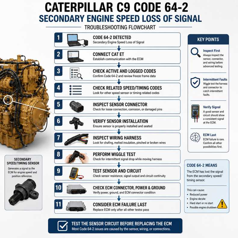 Caterpillar C9 code 64-2 troubleshooting flowchart for sensor wiring and ECM diagnosis